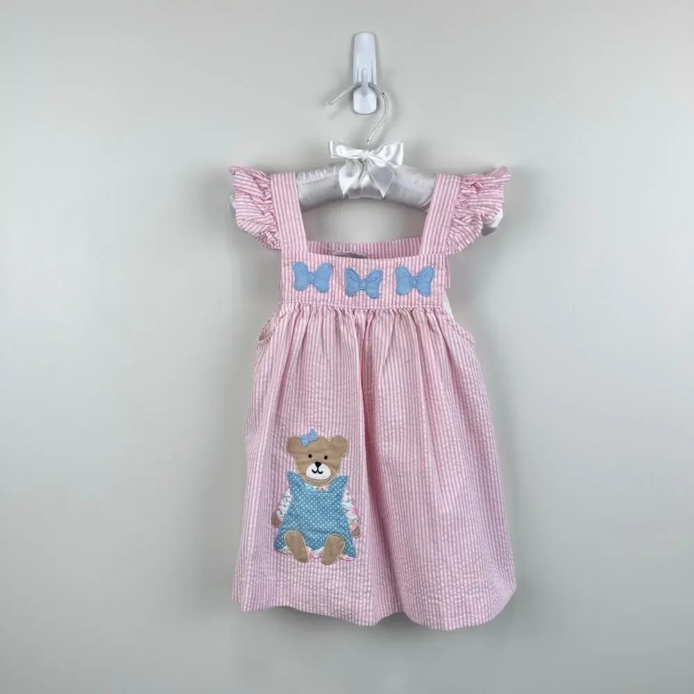 Vintage Samara Pink Seersucker Teddy Bear Bow Pinafore Dress 24 Months